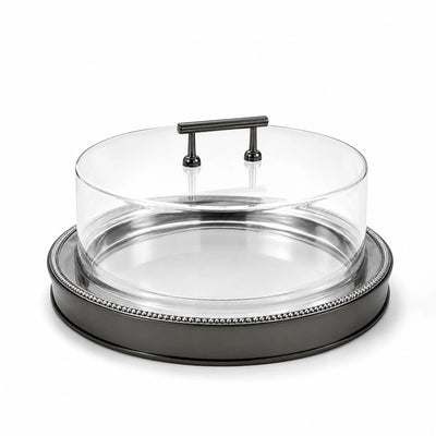 Round Acrylic Cake Plate With Lid 32 x 15 CM Black Rim And Clear Dome Cover Siddiq Gifts