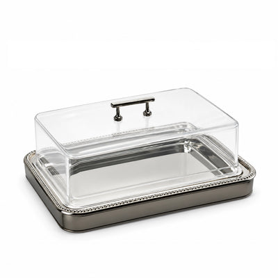 Rectangular Acrylic Serving Tray With Lid 44 x 32 x 14 CM Black Rim And Clear Cover Siddiq Gifts