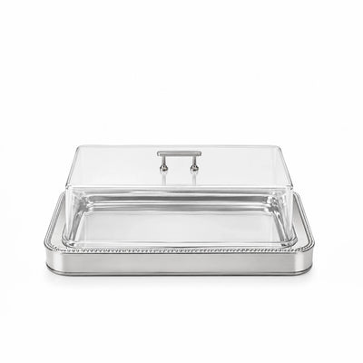 Rectangular Acrylic Serving Tray With Lid 36 x 24 x 14 CM Silver Rim And Clear Cover Siddiq Gifts