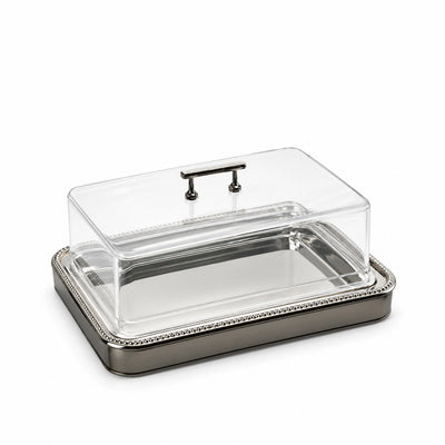 Rectangular Acrylic Serving Tray With Lid 36 x 26 x 13 CM Black Rim And Clear Cover Siddiq Gifts