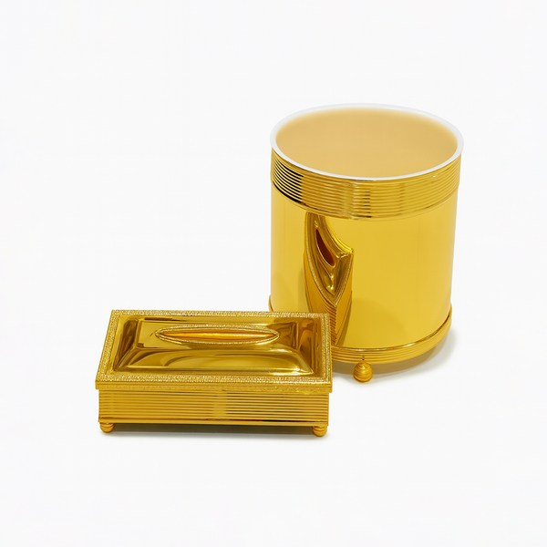 Gold-colored cylindrical container with a matching rectangular lid on a white background