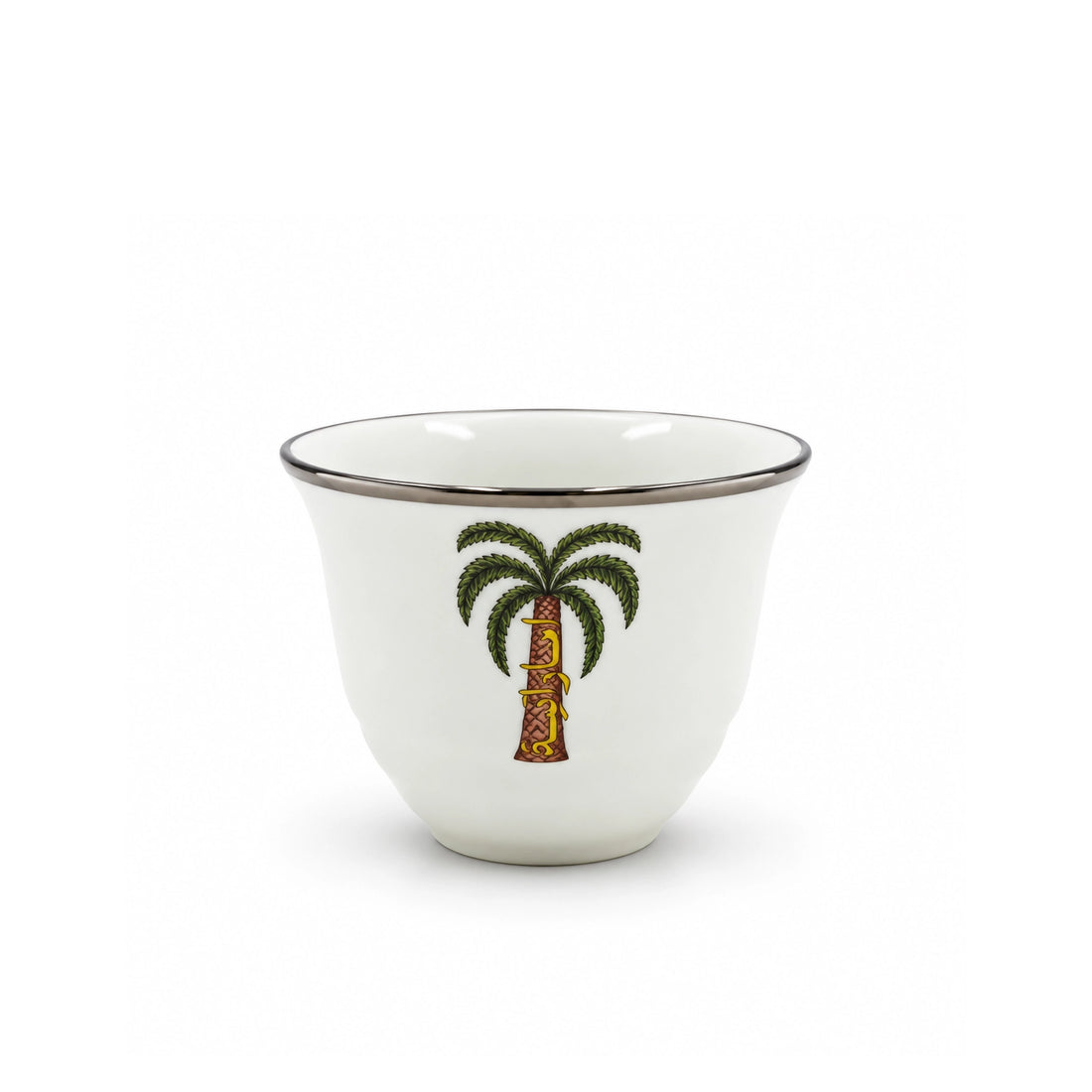 ZF-80 Ceramic Cawa Cup Set – 12-Piece – Coconut Tree Design – White with Silver Rim