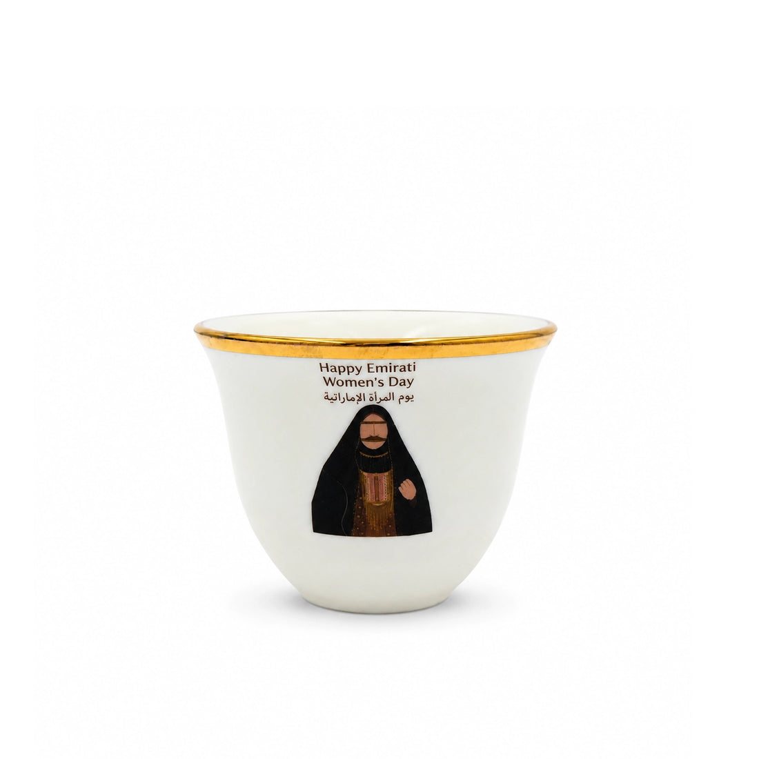 ZF-80 Ceramic Cawa Cup Set – 12-Piece – Happy Emirati Women’s Day Design – White with Gold Rim