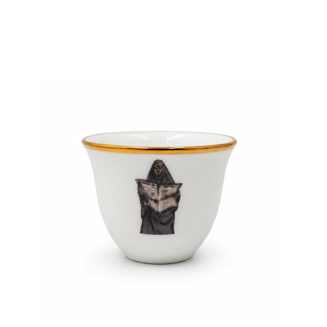 ZF-80 Ceramic Cawa Cup Set – 12-Piece – Emirati Women Design – White with Gold Rim
