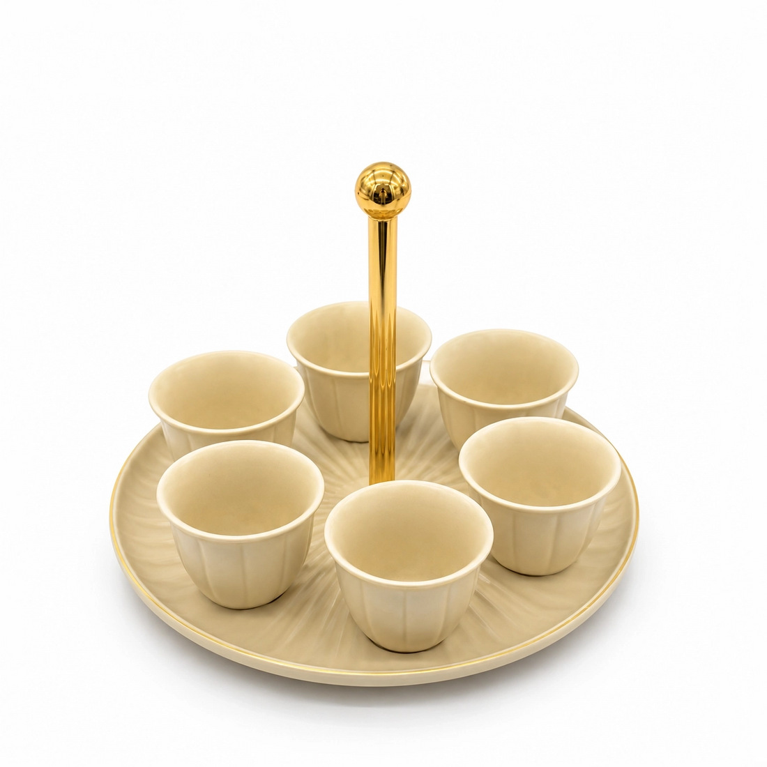 CJ009B Ceramic Cawa Cup Set with Gold Handle Serving Tray – 7 Pieces – Beige with Gold Rim