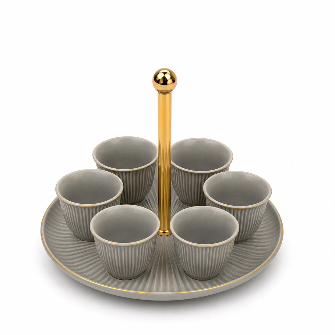 CJ003CG Ceramic Cawa Cup Set with Gold Handle Serving Tray – 7 Pieces – Cool Grey with Gold Rim