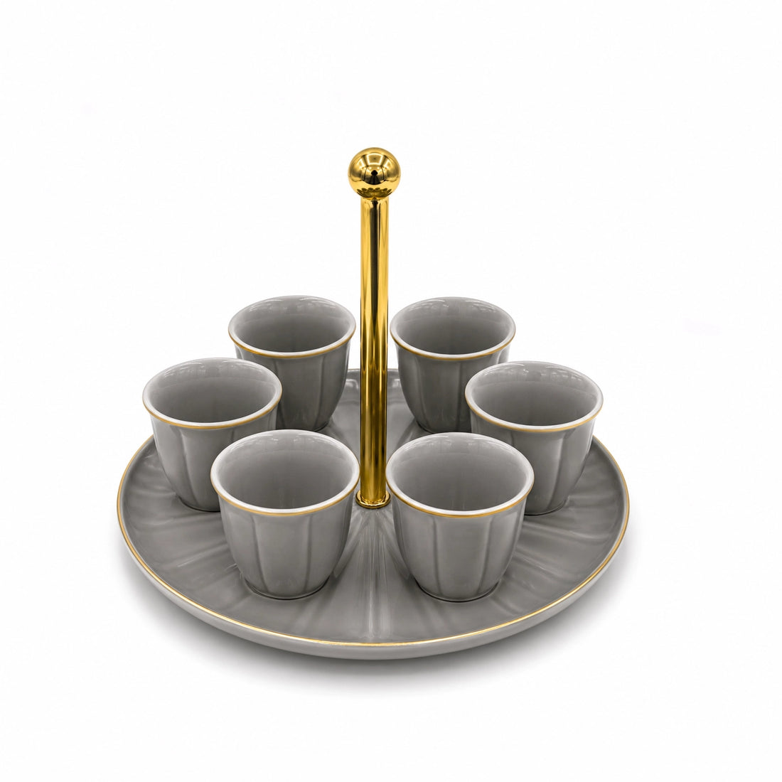 CJ009CG Ceramic Cawa Cup Set with Gold Handle Serving Tray – 7 Pieces – Cool Grey with Gold Rim