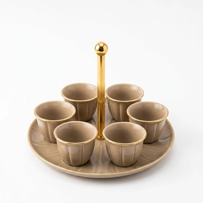 CJ009LB Ceramic Cawa Cup Set with Gold Handle Serving Tray – 7 Pieces – Light Brown with Gold Rim