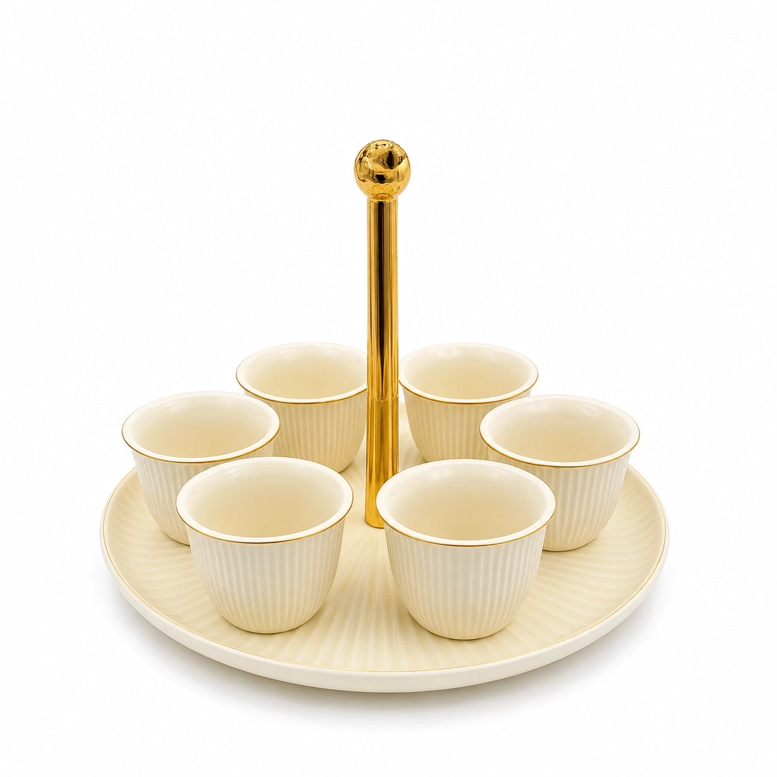 CJ009LC Ceramic Cawa Cup Set with Gold Handle Serving Tray – 7 Pieces – Light Cream with Gold Rim