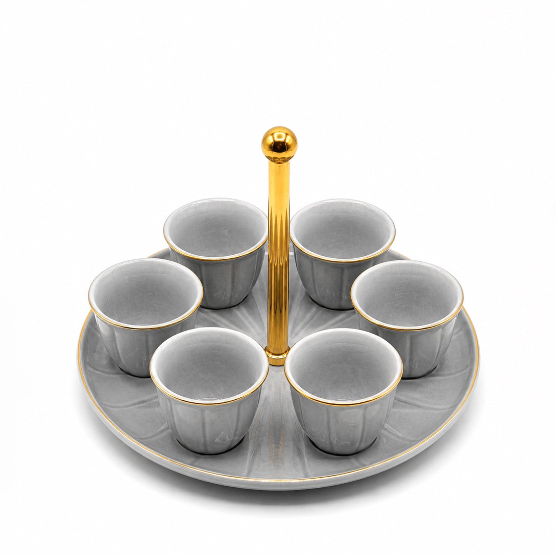 CJ009LG Ceramic Cawa Cup Set with Gold Handle Serving Tray – 7 Pieces – Light Grey with Gold Rim