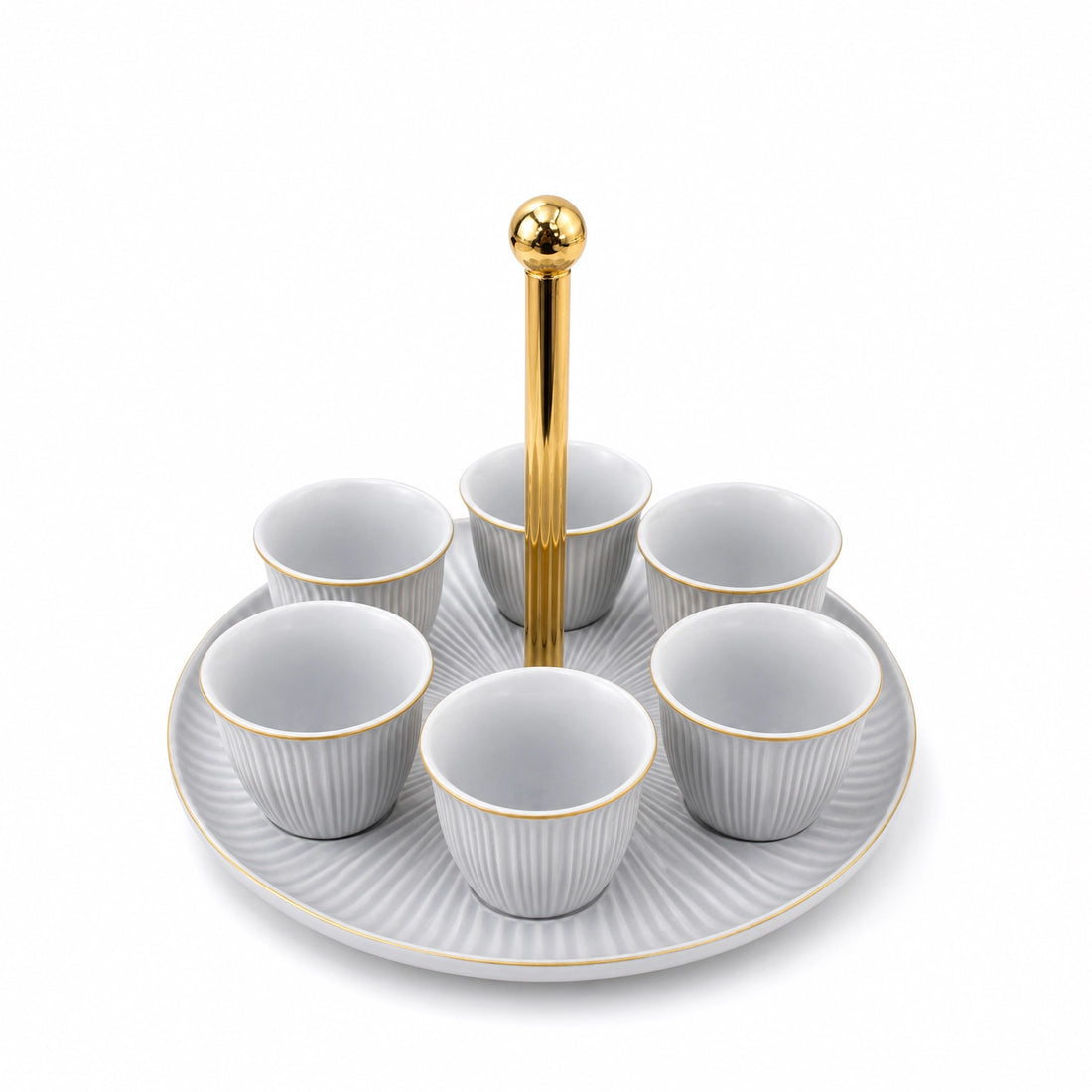 CJ003LG Ceramic Cawa Cup Set with Gold Handle Serving Tray – 7 Pieces – Light Grey with Gold Rim
