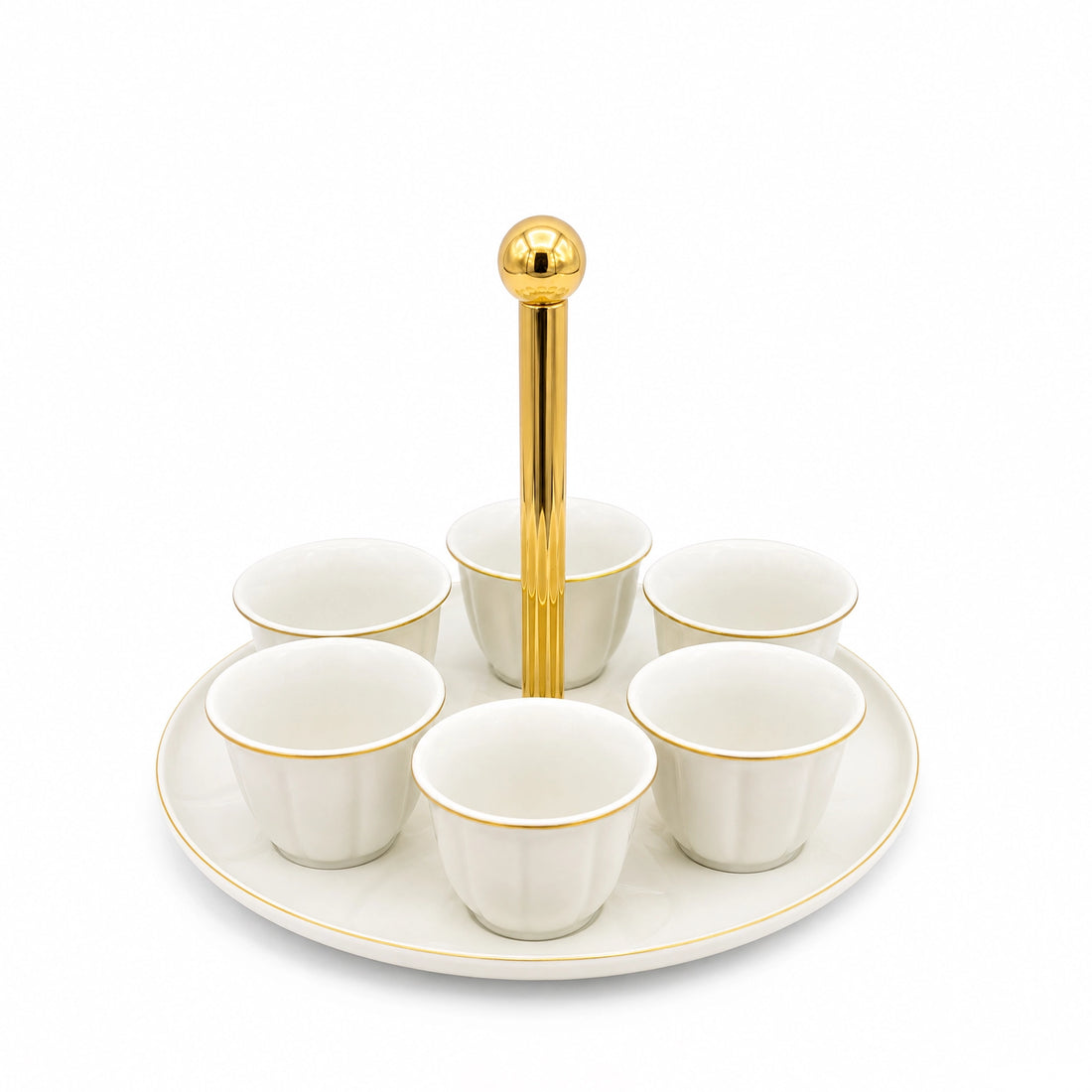 CJ009W Ceramic Cawa Cup Set with Gold Handle Serving Tray – 7 Pieces – White with Gold Rim