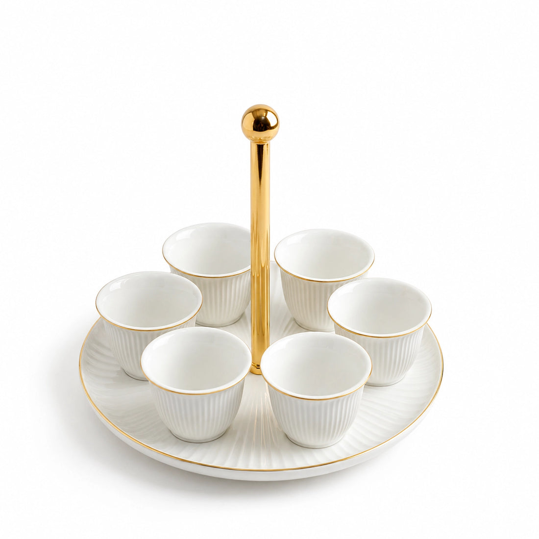 CJ003W Ceramic Cawa Cup Set with Gold Handle Serving Tray – 7 Pieces – White with Gold Rim