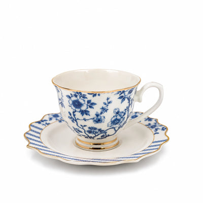 Ceramic Coffee Cup And Saucer Set 12 Pieces Blue Floral Porcelain With Gold Trim Siddiq Gifts