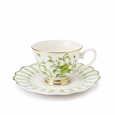 Ceramic Coffee Cup And Saucer Set 12 Pieces Green Floral Cups With Gold Rim And Matching Stripe Saucers Siddiq Gifts