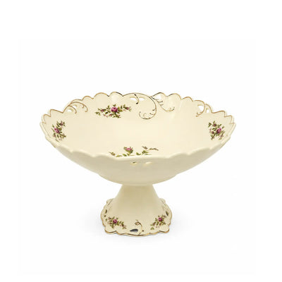 Elegant Cream Ceramic Deep Round Fruit Bowl With A Raised Stand, Beautiful Floral Design, And Refined Gold Trim, Measuring 31 × 21 Cm And Ideal For Presenting Fruits, Sweets, Nuts, Snacks, And Treats At Siddiq Gifts.