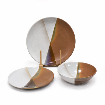 Ceramic Dinner Set 18 Pieces Brown And White Geometric Round Design Siddiq Gifts