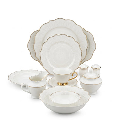 Ceramic Dinner Set 44 Pieces White Embossed Pattern With Gold Rim Siddiq Gifts