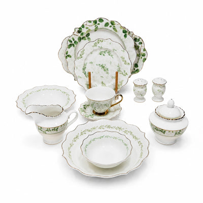 Ceramic Dinner Set 44 Pieces White And Green Floral With Gold Rim Siddiq Gifts