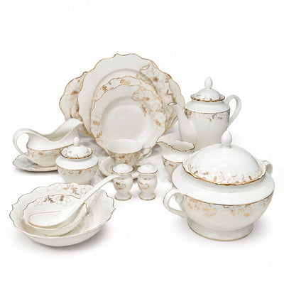 Ceramic Dinner Set 92 Pieces White And Gold Floral Design With Gold Rim Siddiq Gifts