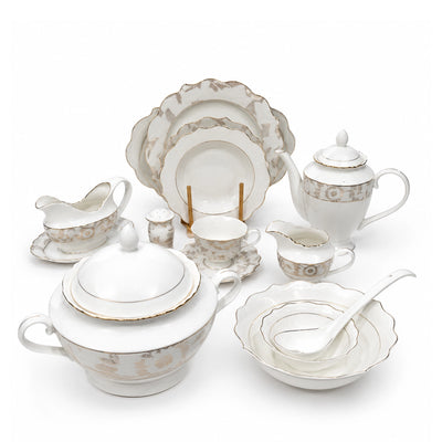 Ceramic Dinner Set 92 Pieces White And Gold Floral Design With Gold Rim Siddiq Gifts