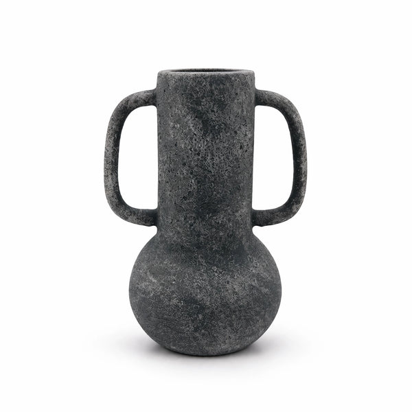 Ceramic Flower Vase 25x18 cm Textured Grey Double Handle Modern Decorative Vase For Home Decor By Siddiq Gifts