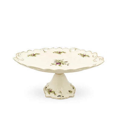 Elegant Cream Ceramic Fruit Bowl With A Raised Stand, Beautiful Floral Design, And Refined Gold Trim, Measuring 30 × 22 × 13 Cm And Ideal For Presenting Fruits, Sweets, Nuts, Snacks, And Treats At Siddiq Gifts.