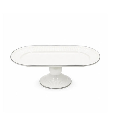 Elegant White Ceramic Fruit Bowl With A Raised Stand And Refined Silver Trim, Measuring 36 × 17.5 × 11 Cm And Ideal For Presenting Fruits, Sweets, Nuts, Snacks, And Treats At Siddiq Gifts.