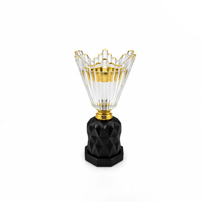 Elegant Ceramic And Glass Decorative Incense Burner Measuring 22 Cm, Featuring Black Ceramic, Clear Glass, And Gold Accents, Ideal For Burning Bakhoor And Incense While Enhancing Home Decor At Siddiq Gifts.