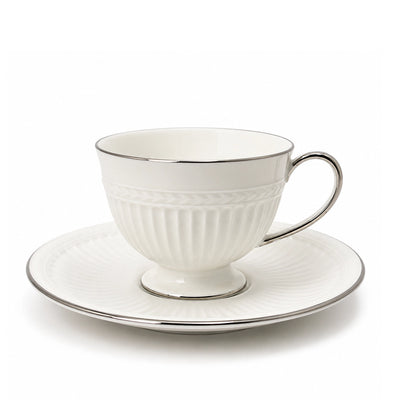 Ceramic Milk Tea Cup With Saucer Set White Ceramic With Silver Rim Finish Siddiq Gifts