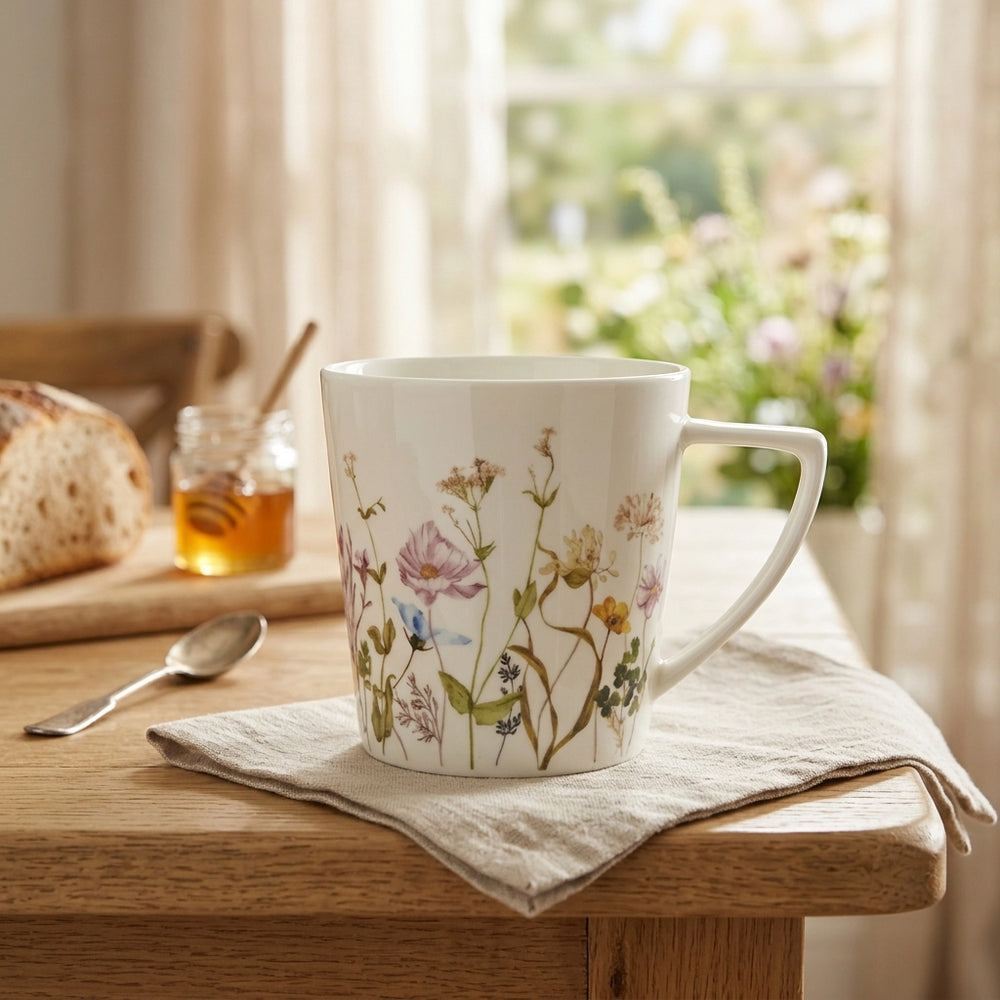 Elegant White Ceramic Mug With A 10 Oz / 280 Ml Capacity And Multicolor Floral Decal Design, Perfect For Serving Coffee, Tea, Milk, Hot Chocolate, And Other Beverages At Siddiq Gifts.