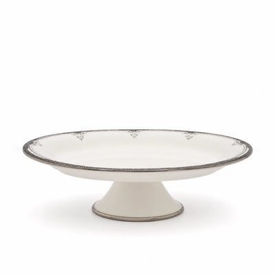 Ceramic Oval Pedestal Plate With Stand 38 × 23 × 10 CM White With Silver Rim Siddiq Gifts