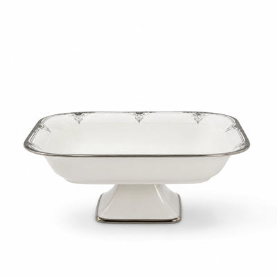 Ceramic Rectangular Pedestal Bowl With Stand 35.5 × 25 × 13 CM White With Silver Rim Siddiq Gifts