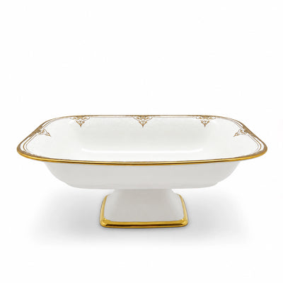 Ceramic Rectangular Pedestal Bowl With Stand 35 × 25 × 13 CM White With Gold Rim Siddiq Gifts