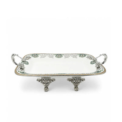 Elegant White Ceramic Rectangular Serving Tray With Decorative Handles, Raised Legs, And A Refined Silver Rim, Measuring 30 × 21.5 × 8 Cm And Ideal For Presenting Fruits, Sweets, Chocolates, Dates, And Snacks At Siddiq Gifts.