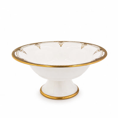 Ceramic Round Pedestal Bowl With Stand 25 × 12 CM White With Gold Rim Siddiq Gifts