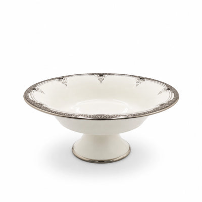 Ceramic Round Pedestal Bowl With Stand 30 × 12 CM White With Silver Rim Siddiq Gifts