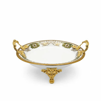 Elegant White Ceramic Serving Bowl With Decorative Handles, A Raised Stand, Beautiful Green Design, And Refined Gold Trim, Measuring 28 × 7 Cm And Ideal For Serving Fruits, Sweets, Nuts, Snacks, And Treats At Siddiq Gifts.