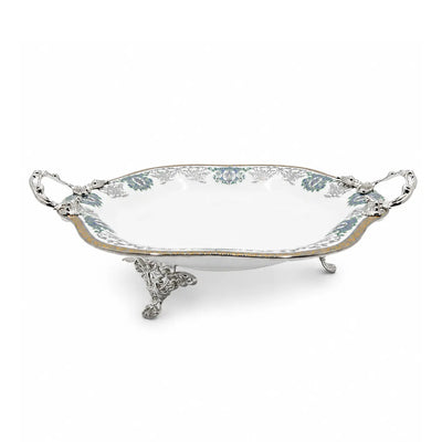 Elegant White Ceramic Serving Bowl With Stylish Handles, A Raised Stand, Beautiful Decorative Design, And Refined Silver Finish, Measuring 30 × 8 Cm And Ideal For Serving Fruits, Sweets, Nuts, Snacks, And Treats At Siddiq Gifts.