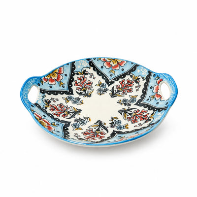 Ceramic Serving Plate With Handles 9 Inch Blue Floral Design Siddiq Gifts