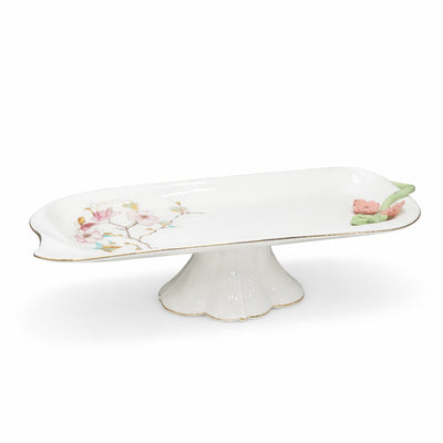 Ceramic Serving Tray 39x15 Cm White Floral Pedestal Dish With Stand For Serving Snacks And Desserts By Siddiq Gifts