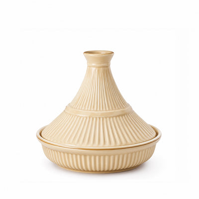 Ceramic Tajine Pot 6 Inch Ribbed Beige Design with Lid Siddiq Gifts