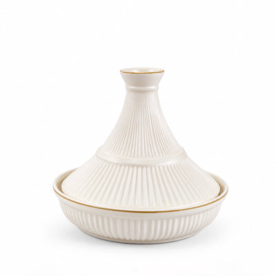 Ceramic Tajine Pot 6 Inch Ribbed Cream Design with Lid Siddiq Gifts