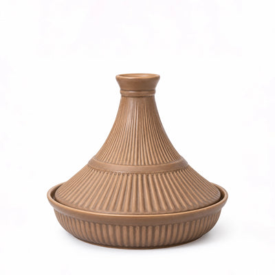 Ceramic Tajine Pot 6 Inch Ribbed Light Brown Design with Lid Siddiq Gifts