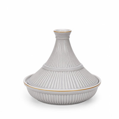 Ceramic Tajine Pot 6 Inch Ribbed Light Grey Design with Lid Siddiq Gifts