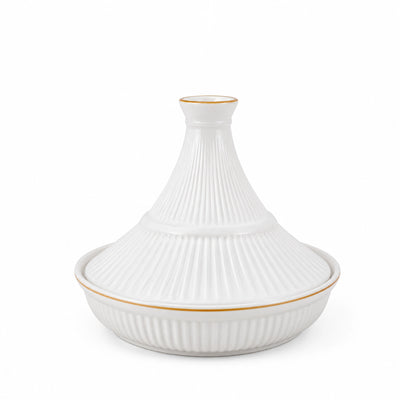 Ceramic Tajine Pot 6 Inch Ribbed White Design with Lid Siddiq Gifts