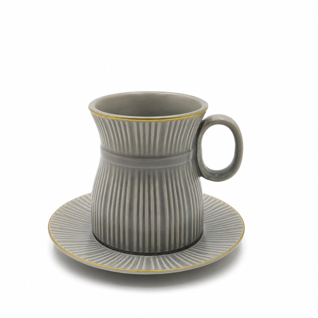 CJ001CG Ceramic Tea Cup & Saucer Set – 12 Pieces – Cool Grey Ribbed Design with Gold Rim