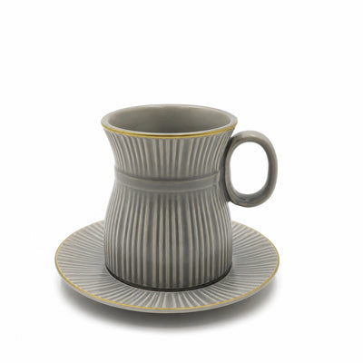 Ceramic Tea Cup And Saucer Set 12 Pieces Cool Grey Ribbed Design With Gold Rim Siddiq Gifts