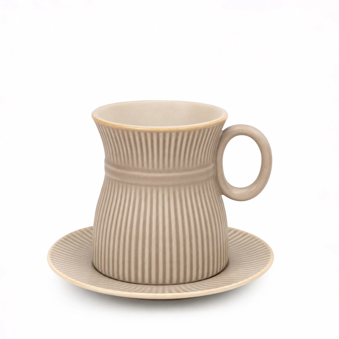 CJ001LB Ceramic Tea Cup & Saucer Set – 12 Pieces – Light Brown Ribbed Design with Gold Rim