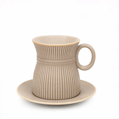 Ceramic Tea Cup & Saucer Set Light Brown Ribbed Design with Gold Rim Siddiq Gifts